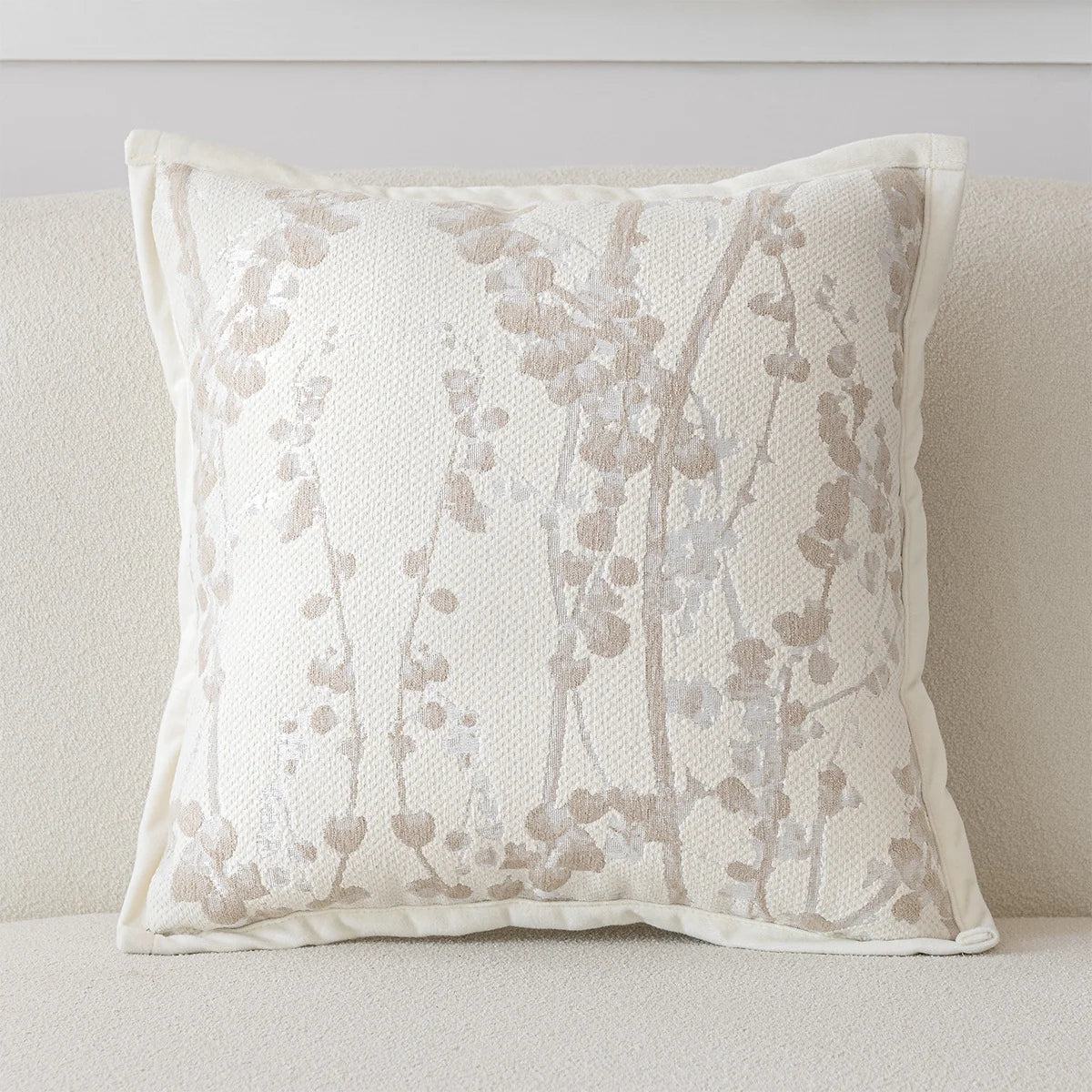housse coussin carrée jacquard motif floral vert beige gris décoration salon chambre moderne chic