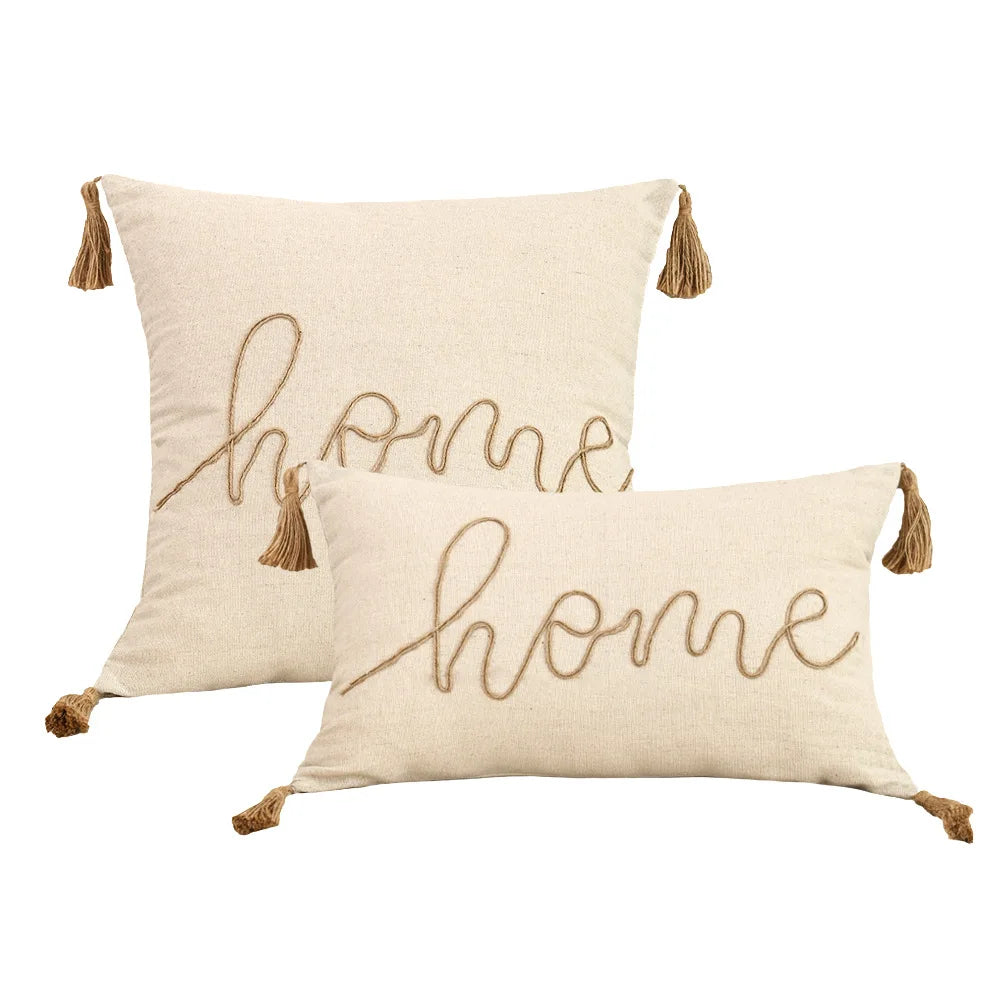 housses coussins motif feuilles texte love coton polyester beige rustique adhésifs tassels decoration