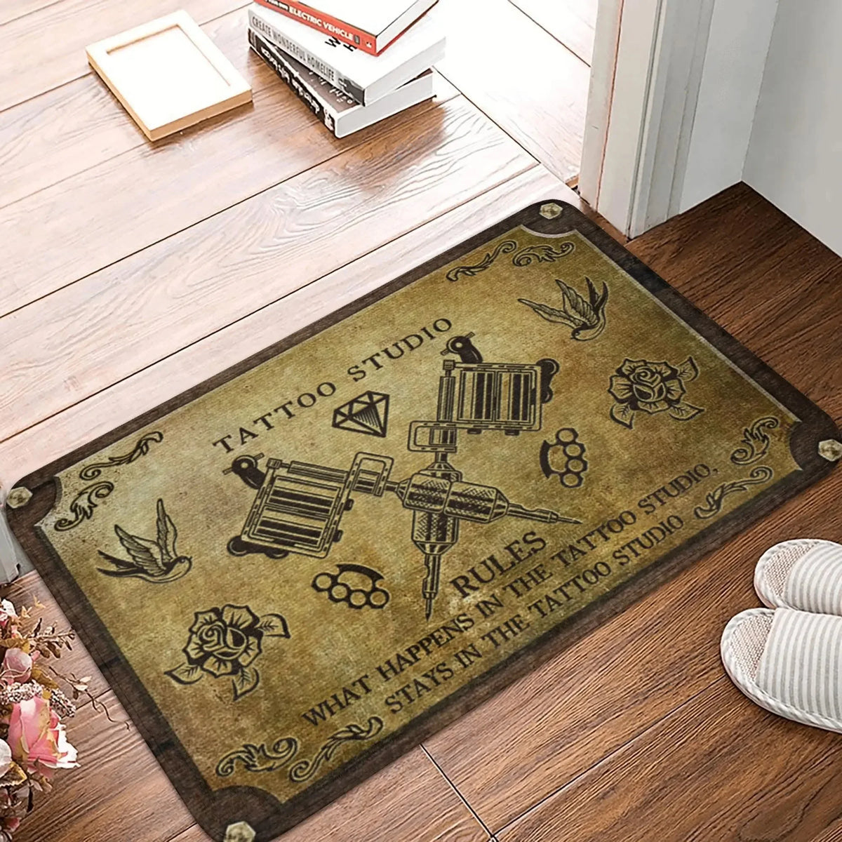 tapis sol intérieur velouté motif floral lettres dorées anti dérapant accueil entrée maison