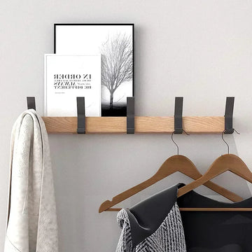 porte manteaux mural moderne minimaliste crochets bois naturel noir vis fixation