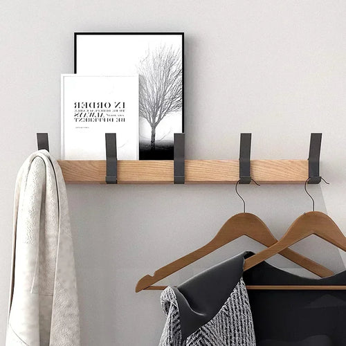 porte manteaux mural moderne minimaliste crochets bois naturel noir vis fixation