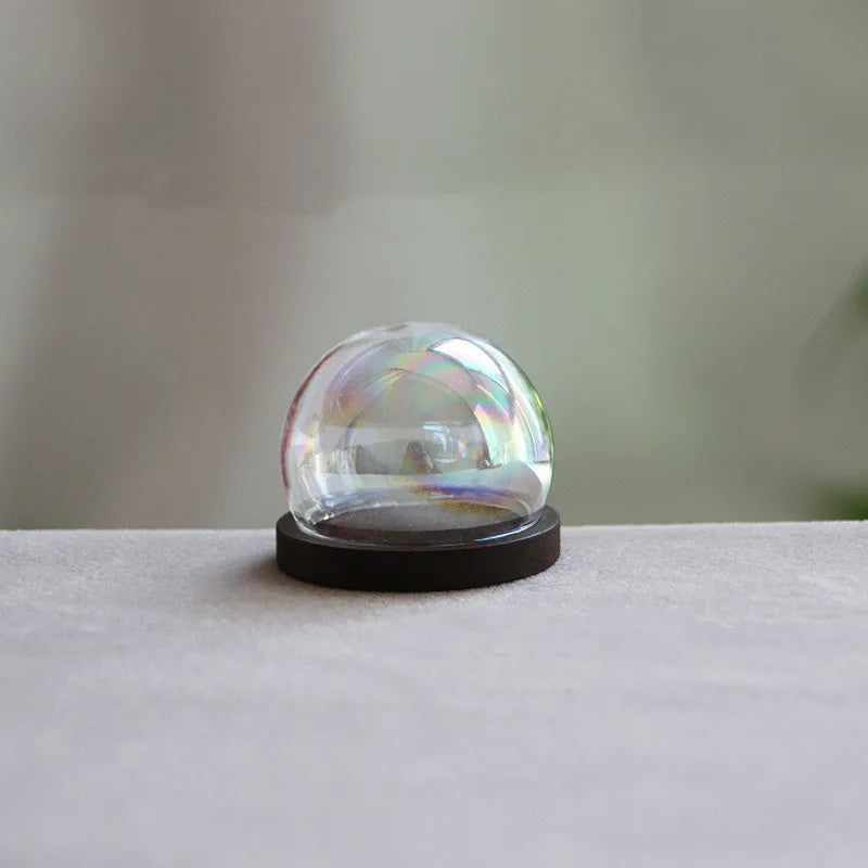 vase boule verre transparent base bois couvercle fleurs séchées