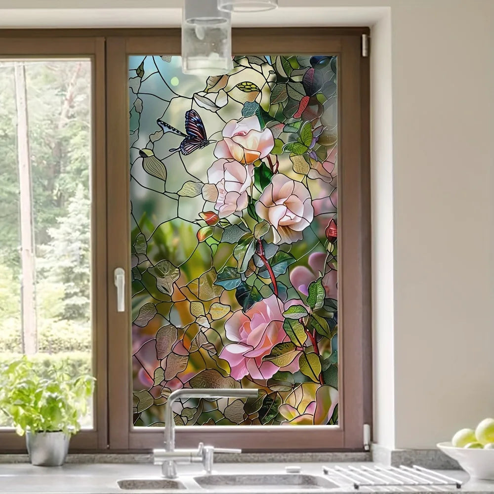 film décoratif fleurs feuilles multicolore adhésif opacité art deco vitrail maison fenêtre 45cm 90cm