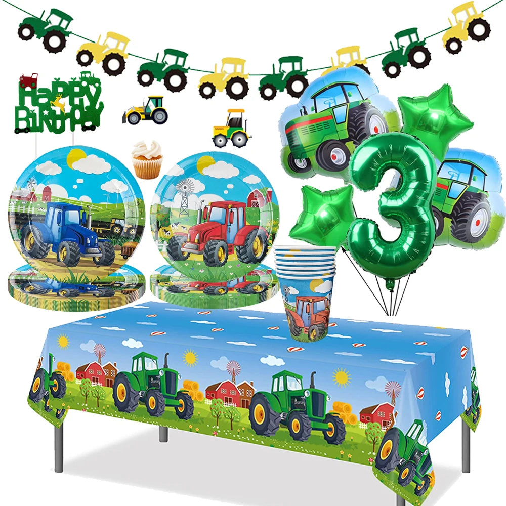 ensemble décoration anniversaire enfant thème ferme tracteur assiettes gobelets serviettes ballons nappe guirlande