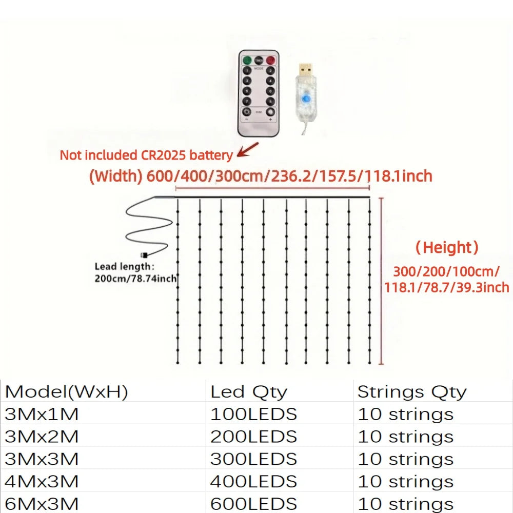 rideau lumineux led blanc transparent moderne télécommande câble usb 5v modes noël