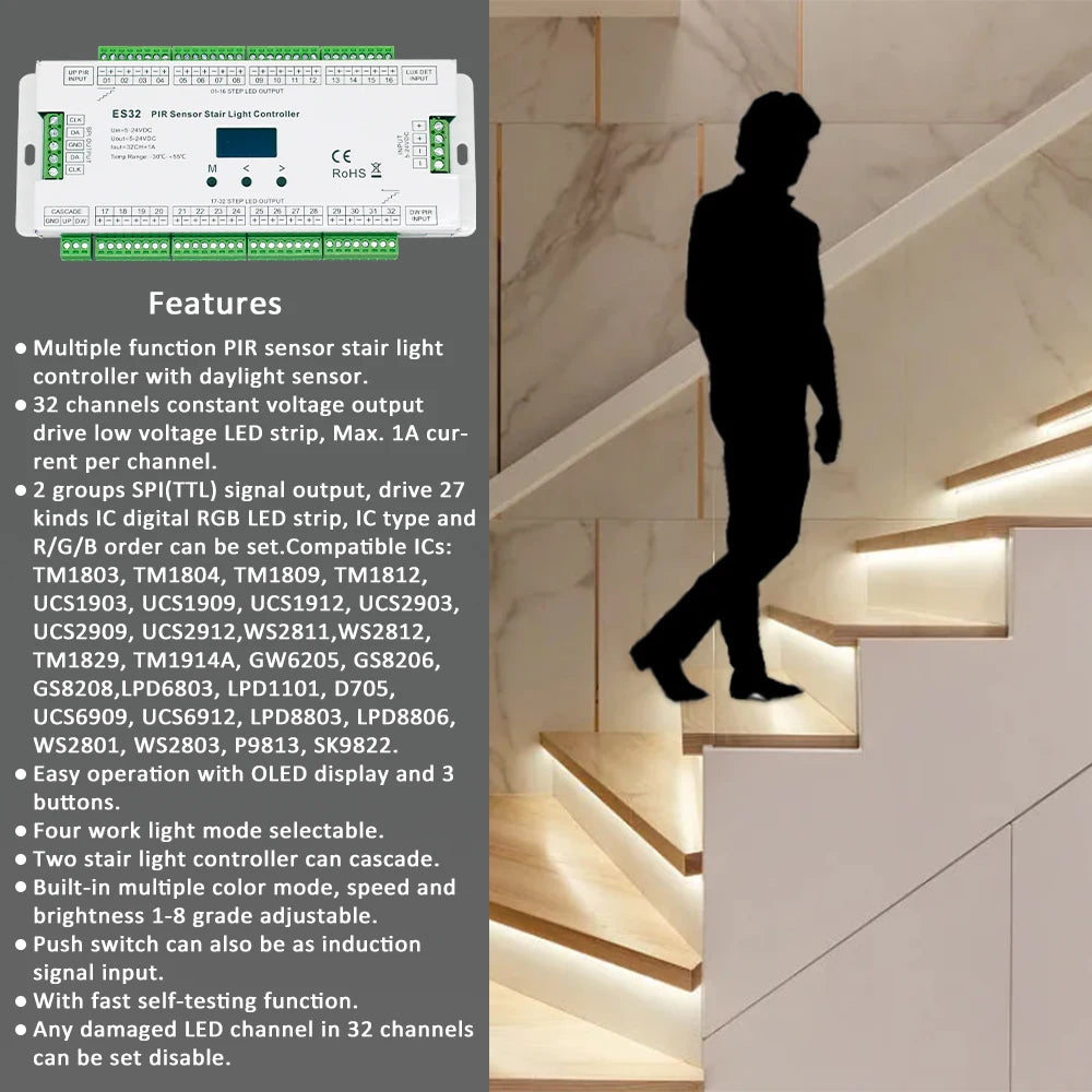 contrôleur d'éclairage escalier capteur pir 32 marches led blanc moderne 12v 768w