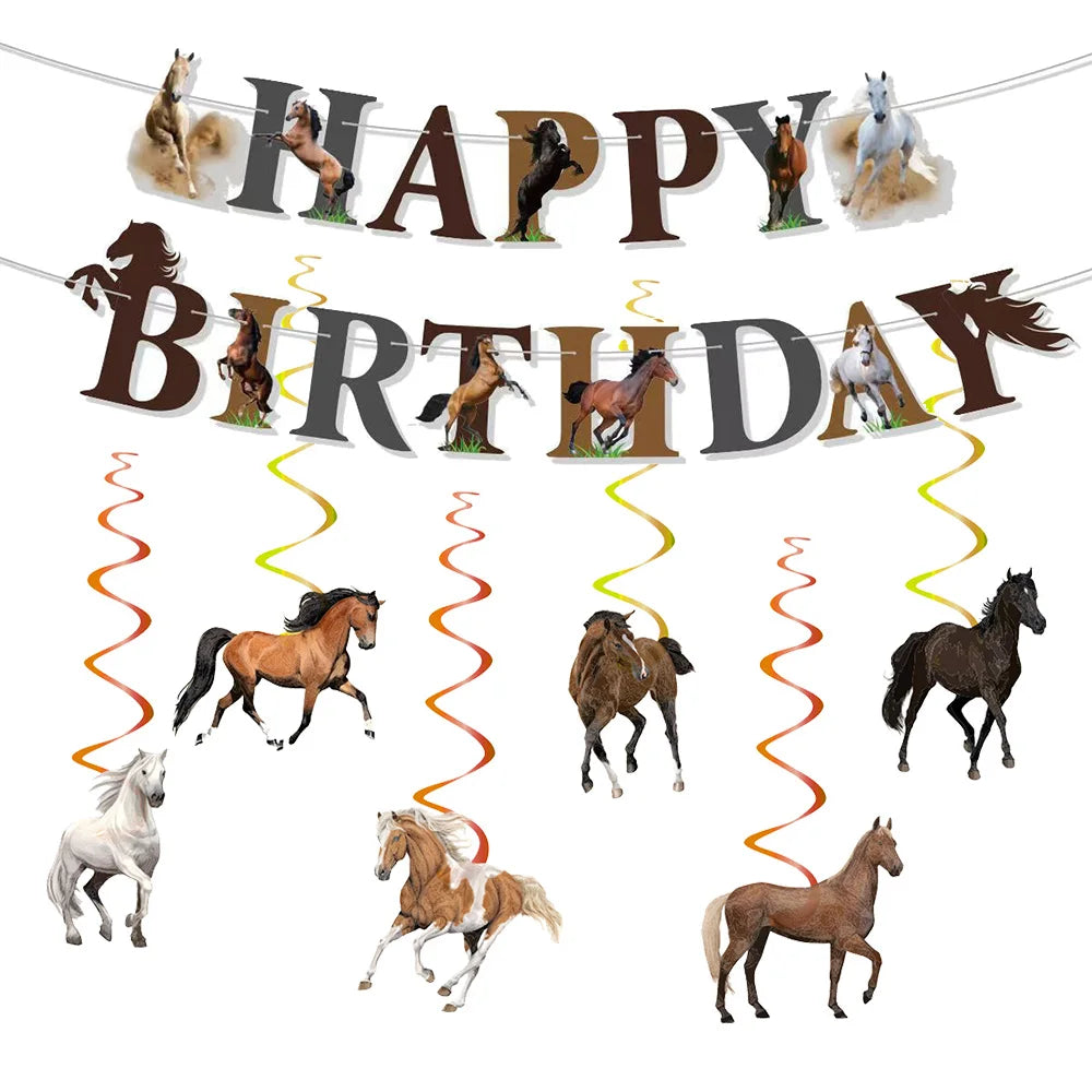 décoration fête anniversaire thème western ballons chevaux bottes cowboys marron noir blanc