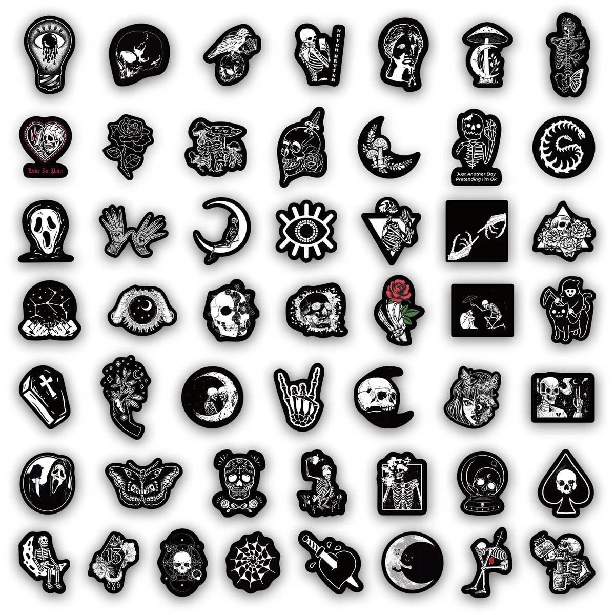 autocollants gothiques noirs blancs squelettes yeux roses lunes serpents adhésifs collection 14ans+ set50