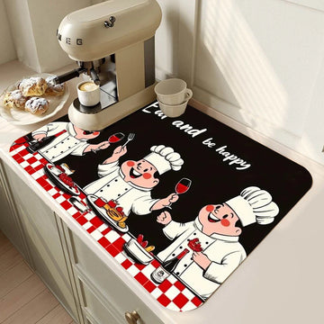 tapis cuisine noir motif chef drôle antidérapant absorbant séchage vaisselle décoration moderne