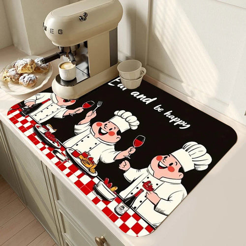 tapis cuisine noir motif chef drôle antidérapant absorbant séchage vaisselle décoration moderne