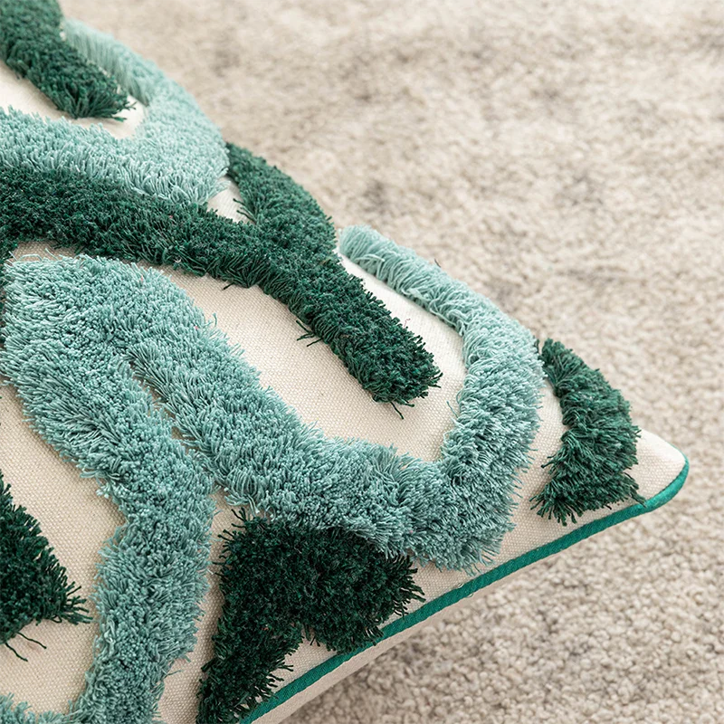 coussin housse amovible lavable motif géométrique brodé moderne opacité zip visible coton polyester verte