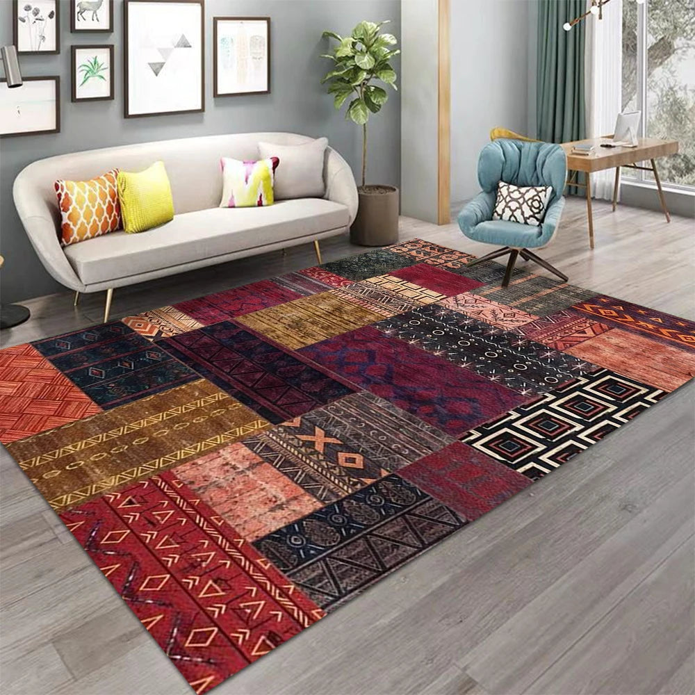 tapis boho ethnique géométrique moderne polypropylène polyester patchwork rouge marron noir beige bleuextérieur chambre