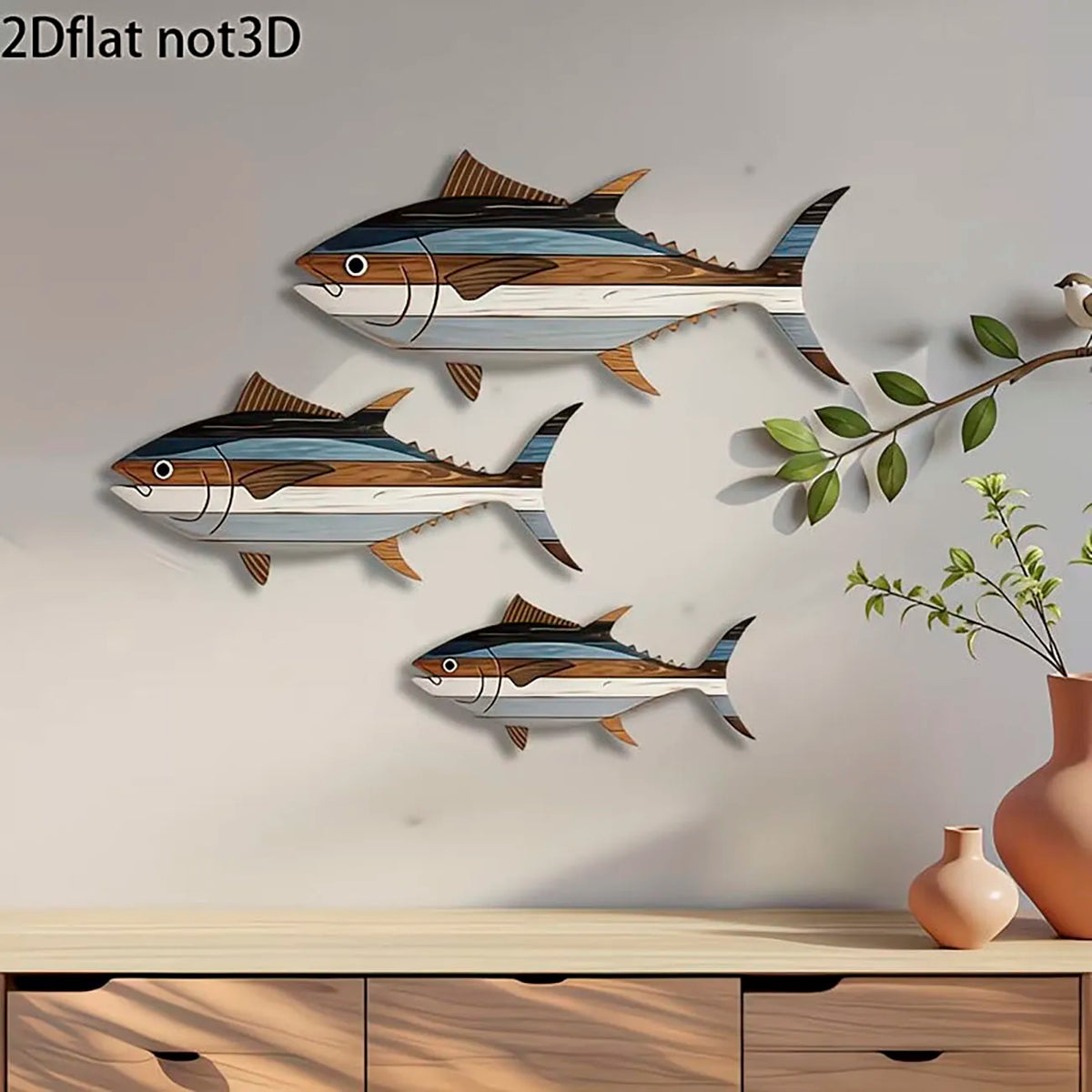 décoration murale moderne poissons bois bleu marron rayures adhésif grande taille chambre salon