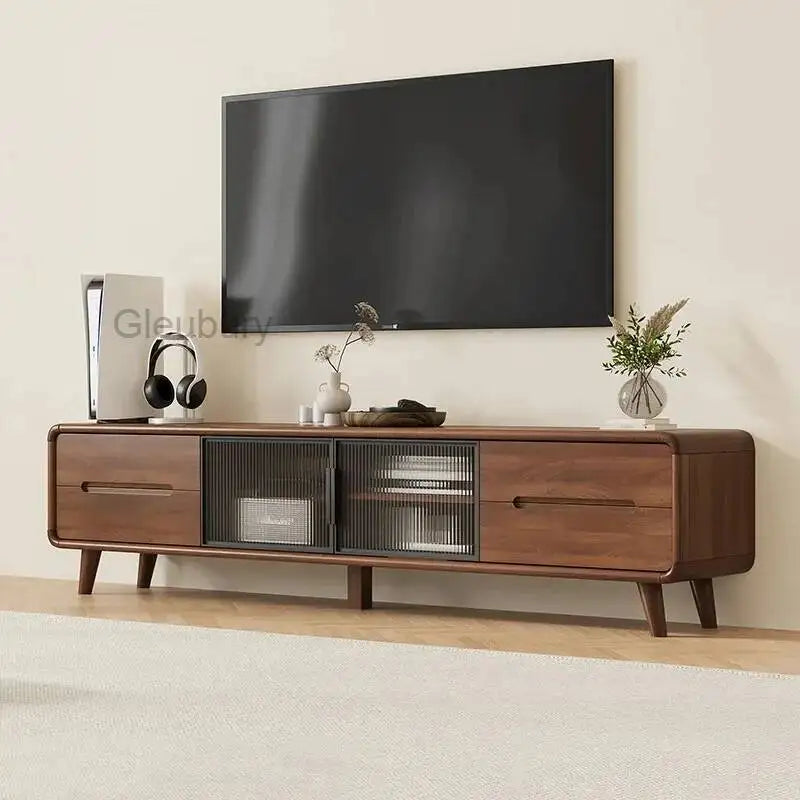 meuble tv moderne console basse marron foncé tiroirs étagères semi transparent bois scandinave