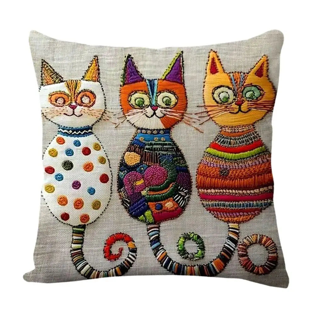 housse coussin tricotée artisanale chat multicolore boutons coton polyester décoration intérieure lit salon chambre