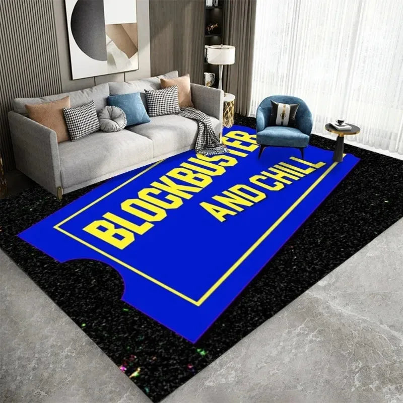 tapis sol moderne bleu lettres dorées décoratif salon chambre intérieur extérieur lavable polyester