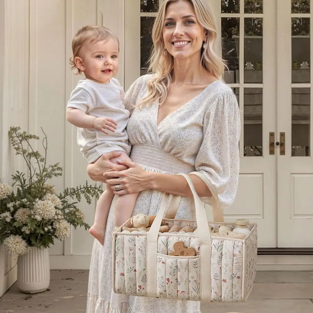 sac rangement fleuri moderne multi usages polyestère réutilisable poches beige vert clair