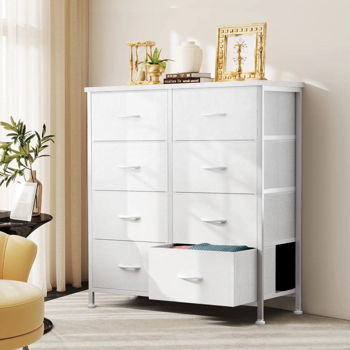 armoire moderne commode blanc tiroirs métal texture bois rangement chambre coucher