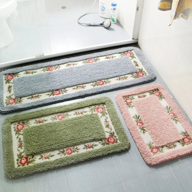 tapis sol fleurs roses feuilles vertes doux moelleux rose clair vert beige classique confortable
