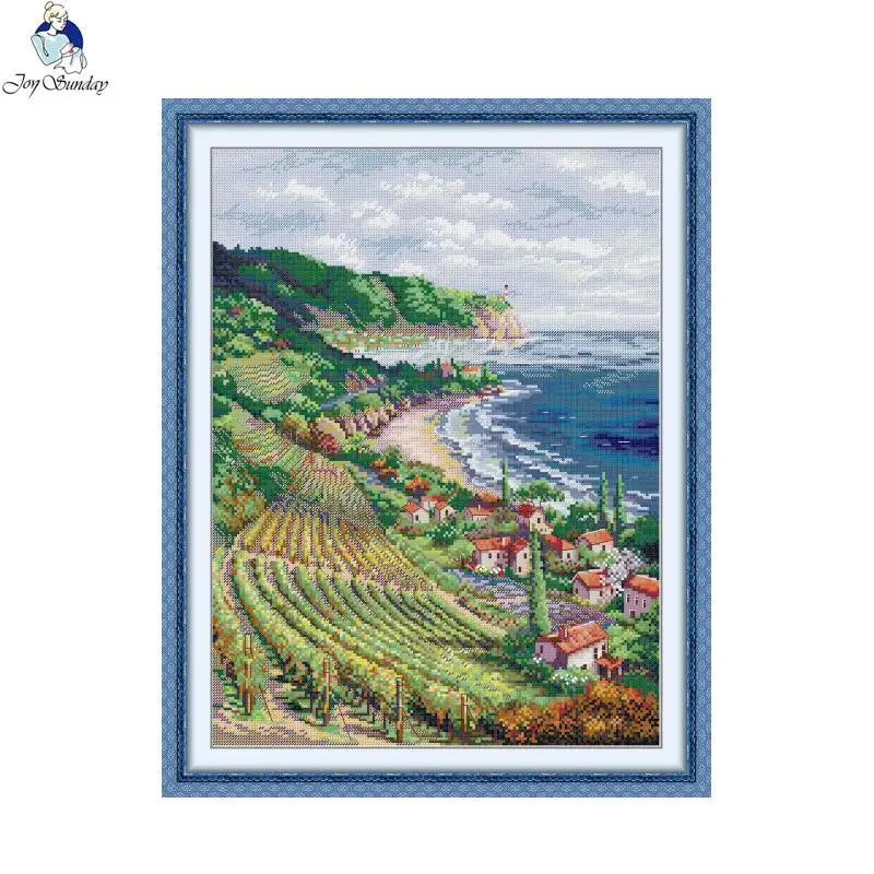 broderie paysagère marine tissu coton motifs vignoble maison océan bleu blanc fils broderie cadre