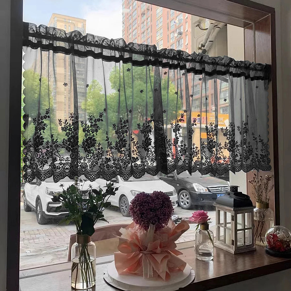 rideau noir floral transparent dentelle élégant cuisine maison 100cm 145cm 175cm
