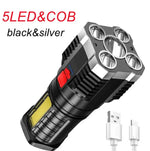 lampe torche rechargeable 5w led noire argentée texturée camping lecture nocturne