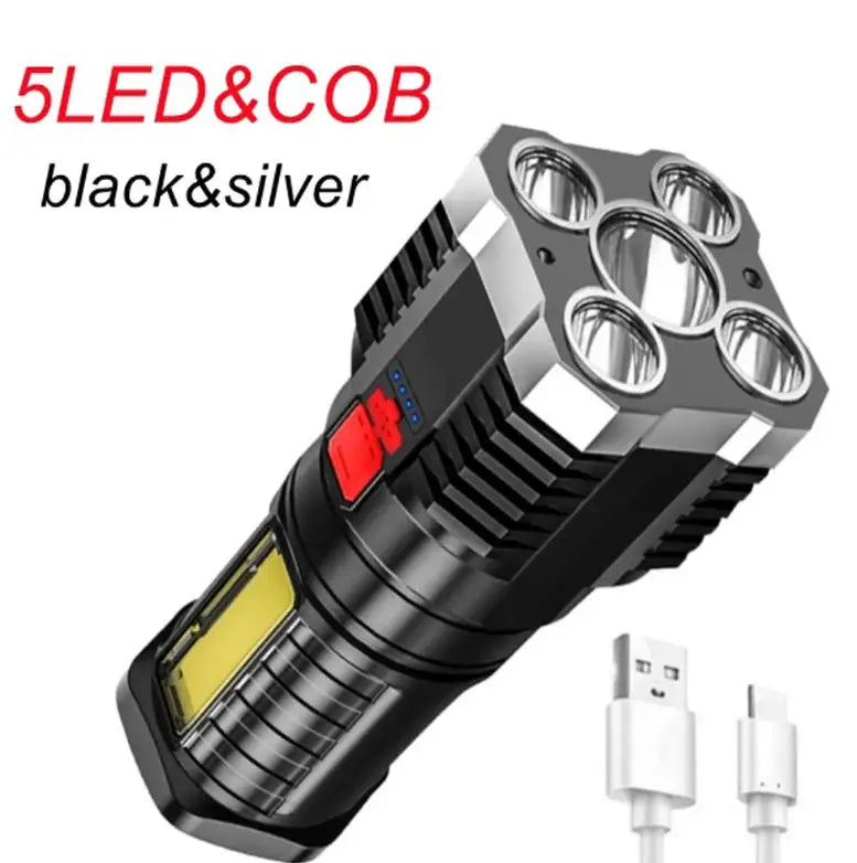lampe torche rechargeable 5w led noire argentée texturée camping lecture nocturne