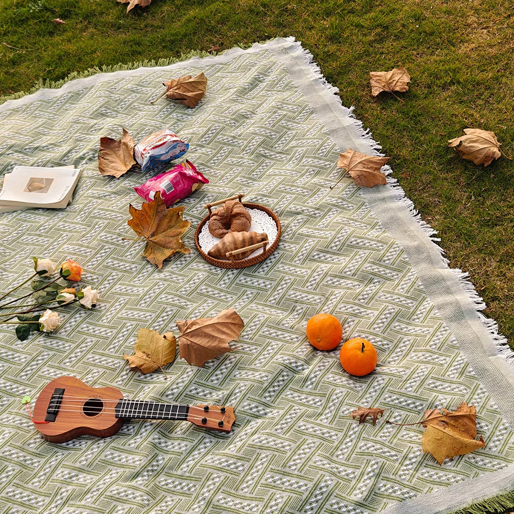 tapis plage rose blanc boho chic rayures diagonales franges pique nique extérieur portable