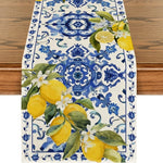 table cheminement lin motif floral citrons fleurs blanc bleu jaune vert table salle manger