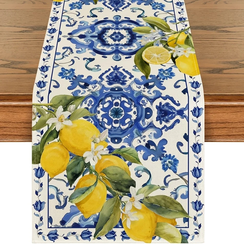 table cheminement lin motif floral citrons fleurs blanc bleu jaune vert table salle manger