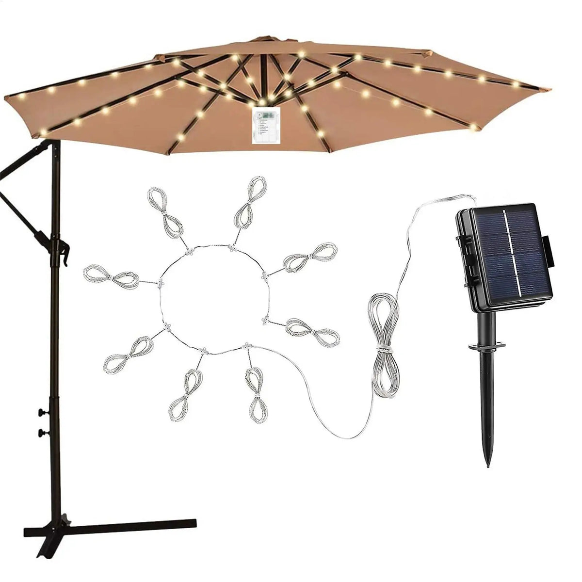 parasol moderne beige 104 led solaire modes ip67 étanche patio jardin lumière clips câble