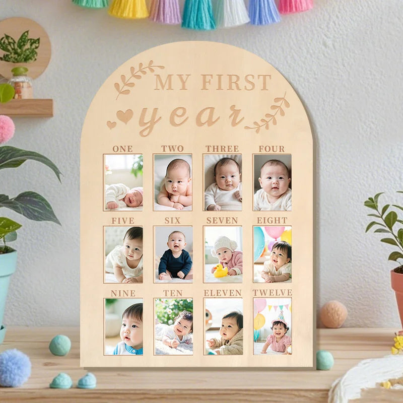 cadre photo mural bois floral moderne bébé anniversaire 12 mois my first year números