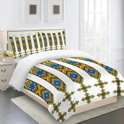 ensemble lit couette motifs géométriques moderne taies d'oreiller blanc noir jaune vert bleu ethnique