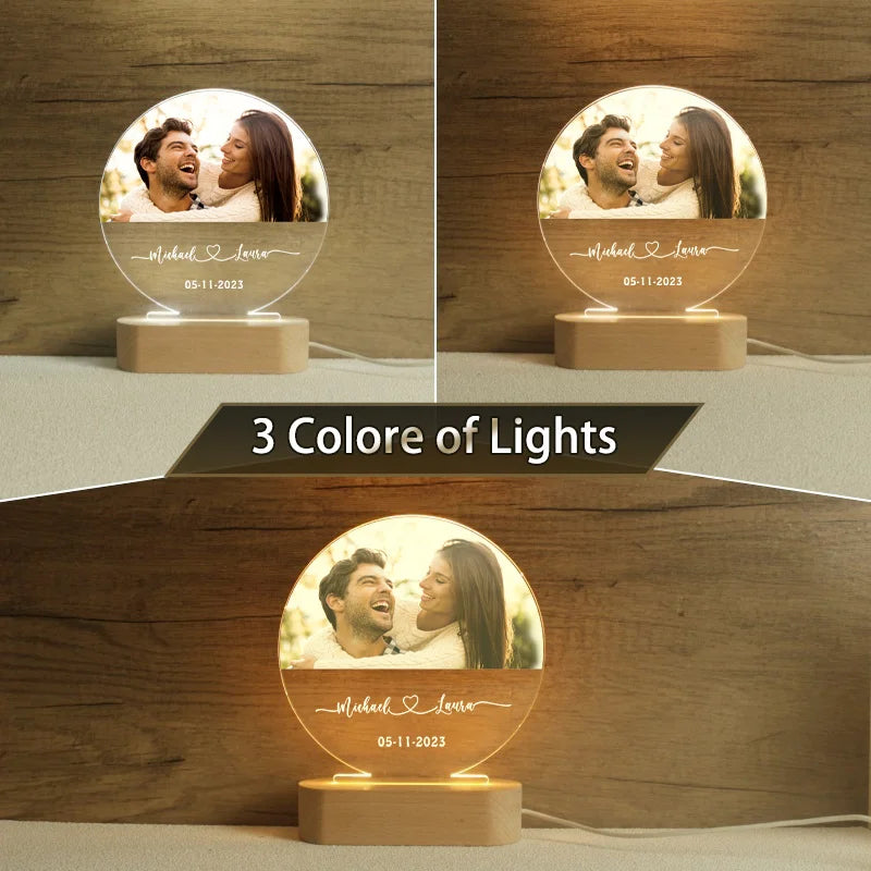 lampe photo personnalisable moderne boise acrylique transparente texte gravé cadeau couple decoration maison