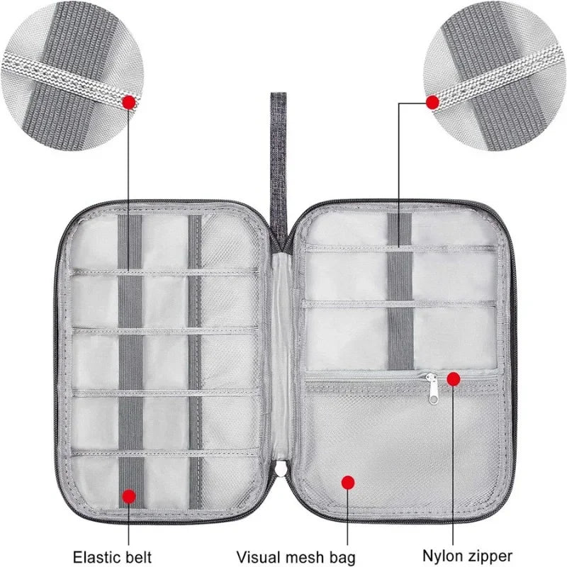 Sac bandoulière gris tissu uni pratique zipper bijoux accessoires chargeur câbles montres
