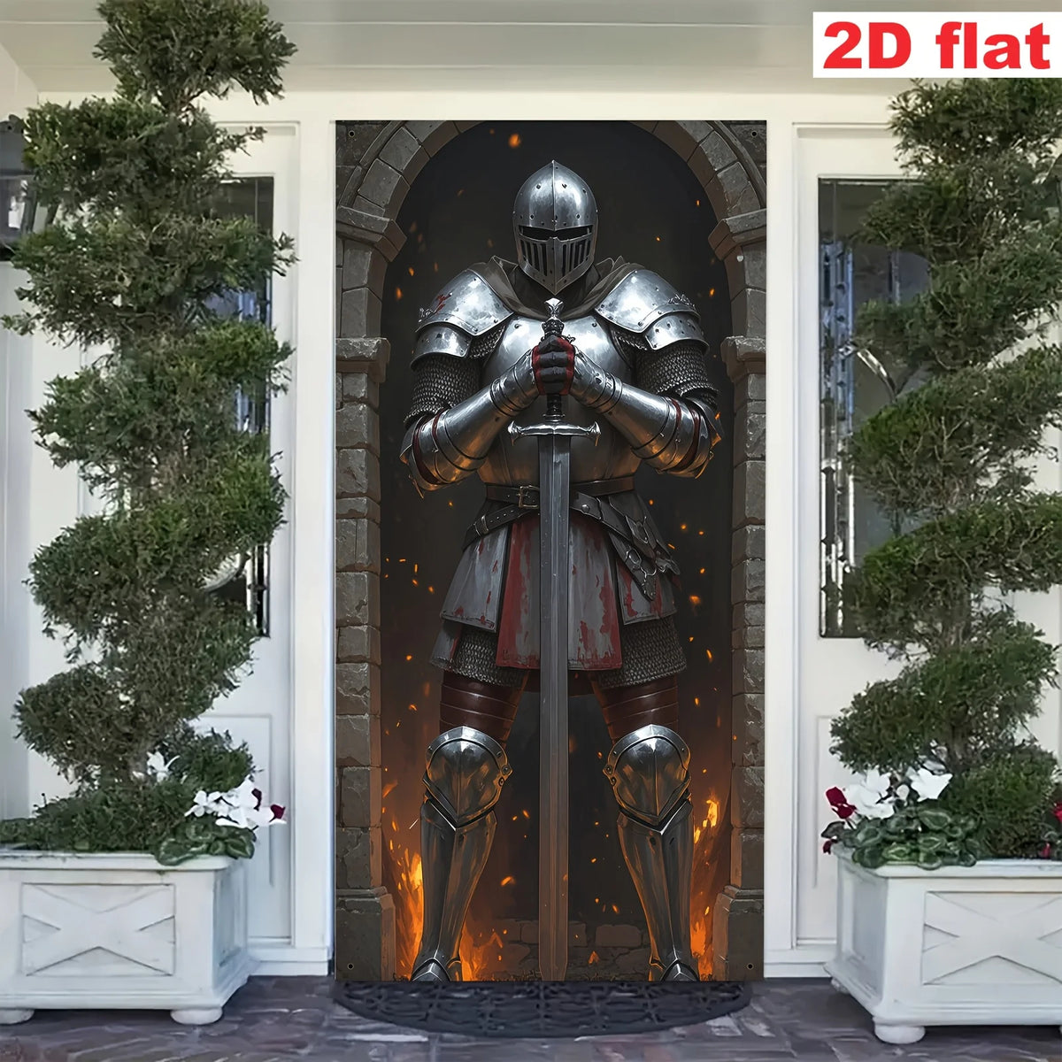 autocollant mural armure médiévale chevalier épée flammes gris métallisé rouge noir historique réaliste anneaux
