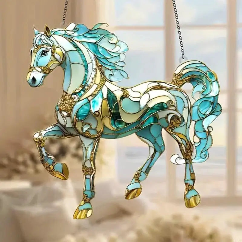 décoration suspendue chevaux verre coloré bleu turquoise or marron rouge feuille métal 20cm