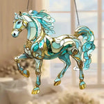 décoration suspendue chevaux verre coloré bleu turquoise or marron rouge feuille métal 20cm