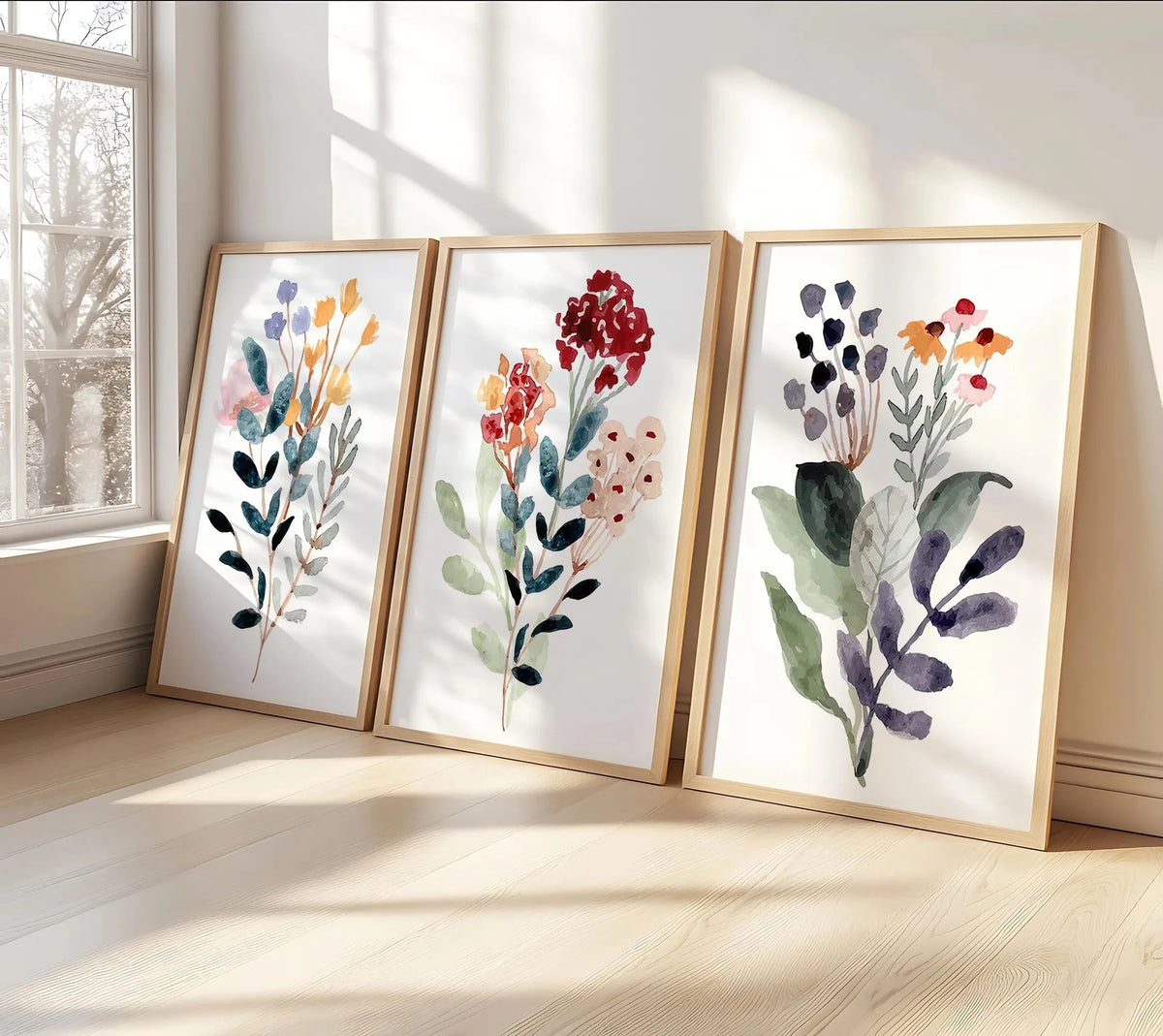 affiches art contemporain fleurs stylisées multicolores cadres bois chambre enfant decoration moderne