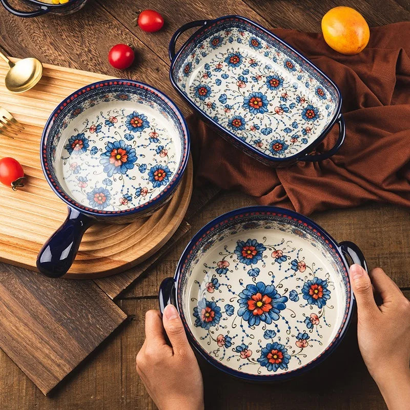 assiettes soupe vintage céramique fleur bleue rouge bordure ornée compatibles four lave vaisselle