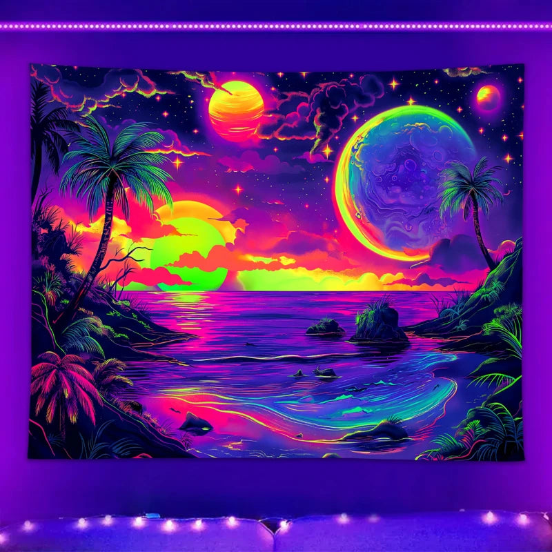 tapisserie moderne paysage marin palmiers couchant soleil planètes étoiles nuages clips violet rose jaune