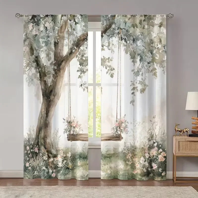 rideau floral paysage moderne balançoire arbre fleurs translucide 100 polyester 60x150cm 75x166cm 105x230cm 130x210cm