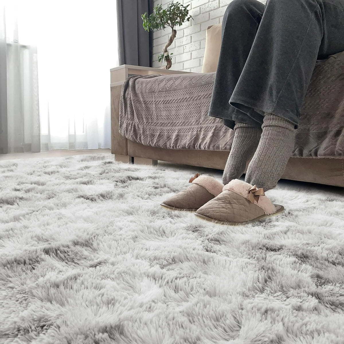 tapis gris clair peluche épaisse doux moelleux moderne 120x160cm 160x230cm chambre salon