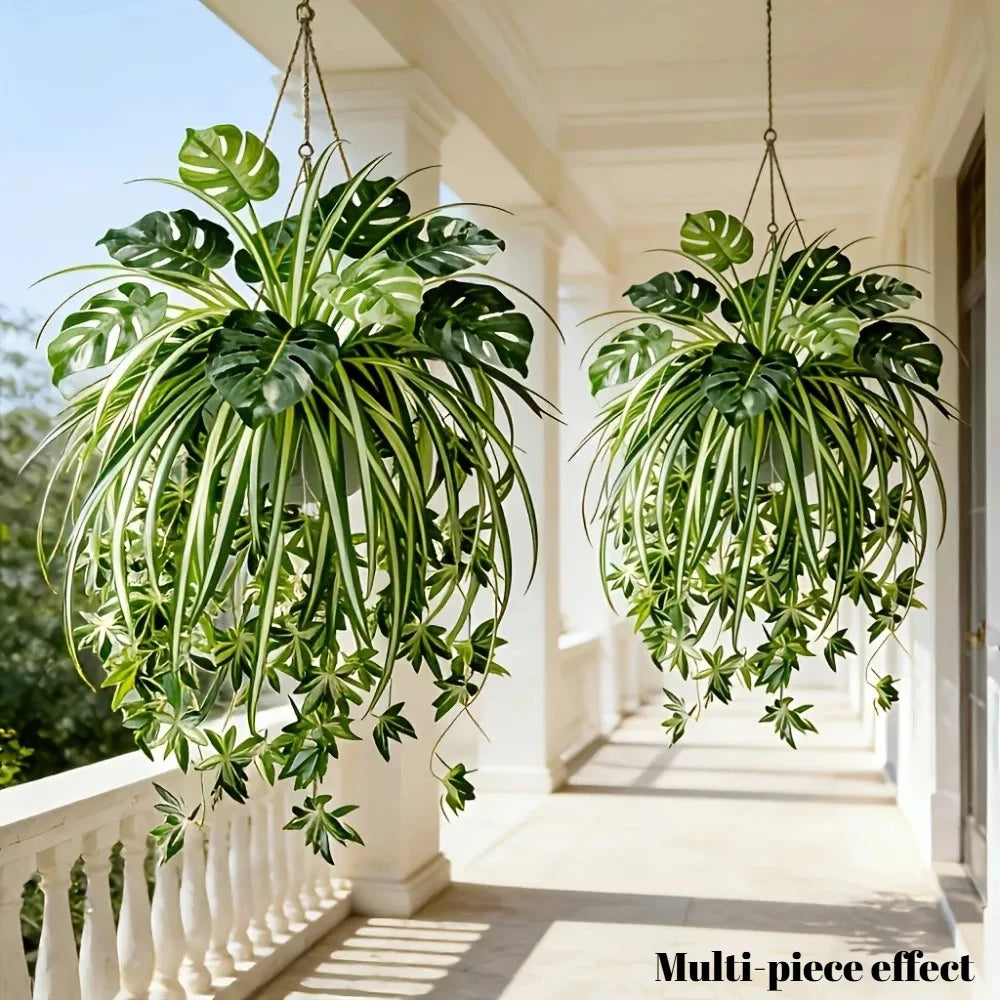 plantes artificielles suspendues vertes décoration intérieure feuilles perforées linéaires tropical élégant composition florale