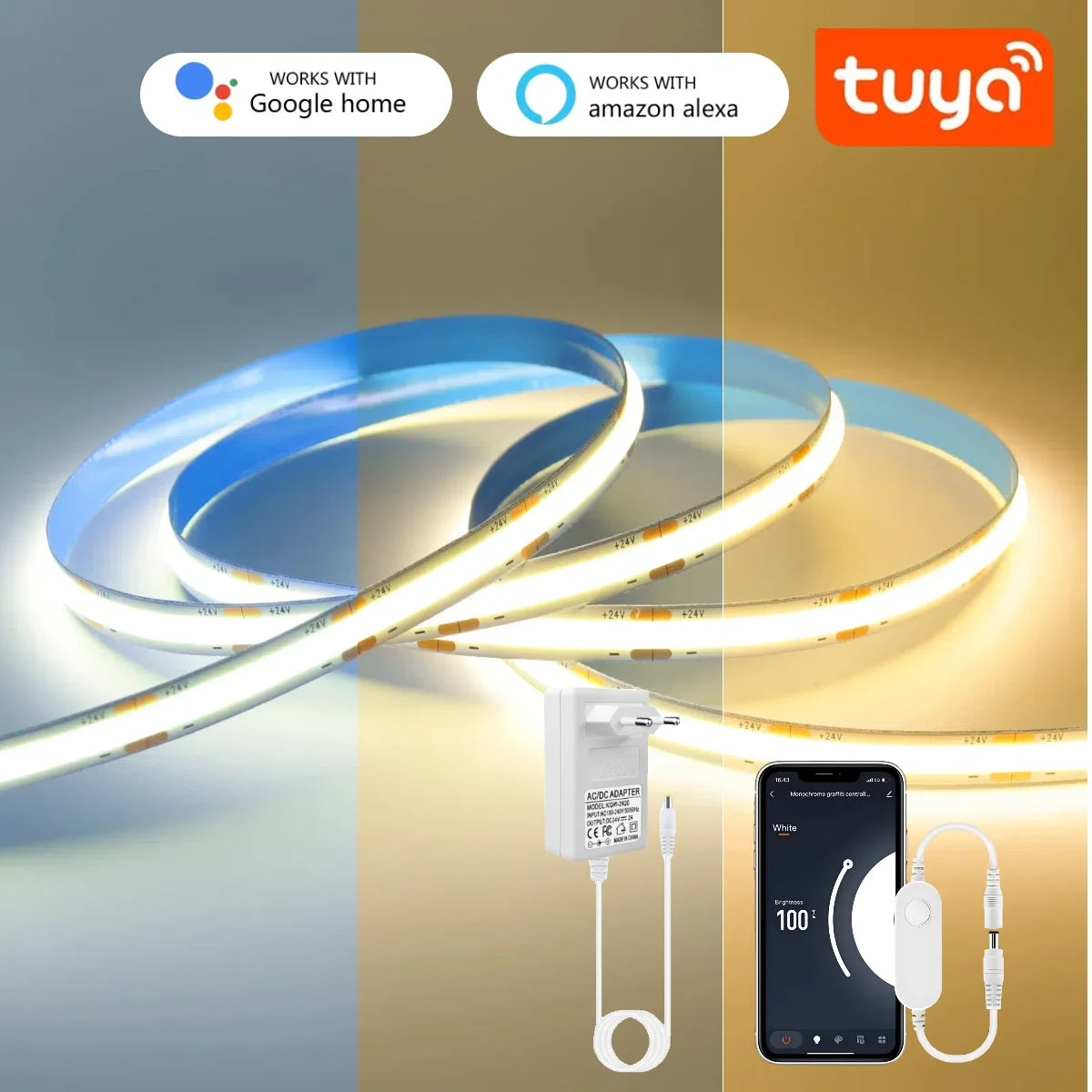 ruban led flexible cob blanc wifi intelligent télécommande adaptateur secteur salon