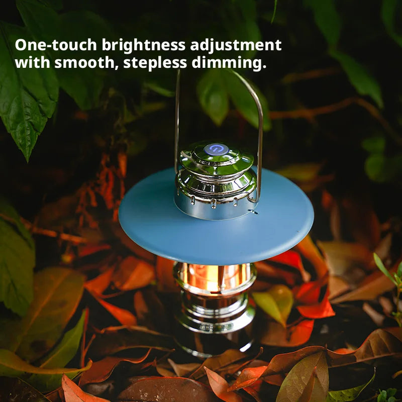 lampe camping portable rechargeable bleu retro abatjour translucide argentéextérieur ambiance effet flamme