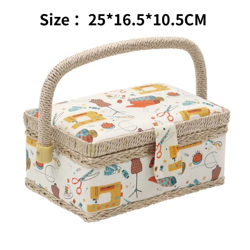 boîte couture rose clair rangement couture tissu imprimé poignée bois sac aiguilles européen doré