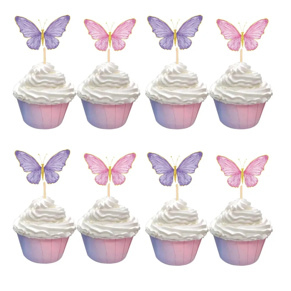 décoration gâteau papillons fleurs rose violet blanc doré piquet anniversaire mariage fête enfants