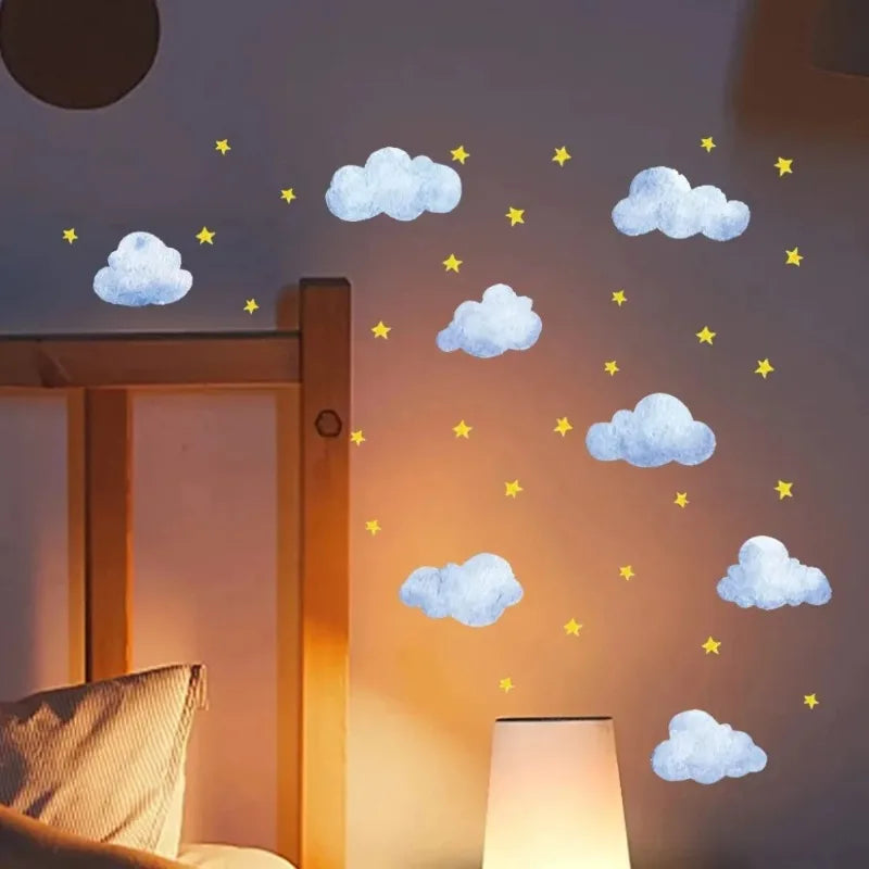 sticker mural nuages étoiles phosphorescent rose bleu vert adhésif chambre enfant moderne