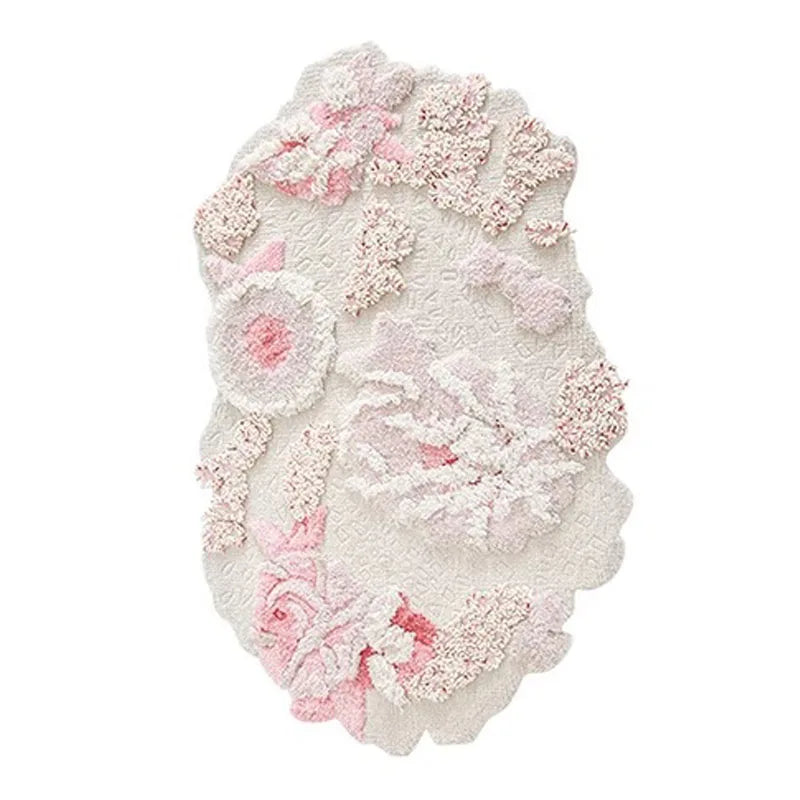 tapis ovale rose motifs floraux texture poilue decoratif maison chambre salon